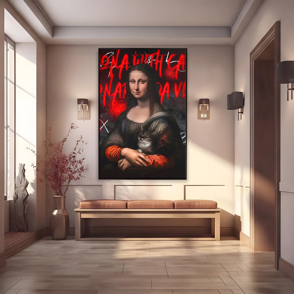 Tablou canvas cu tablou canvas cu mona lisa si o pisica, in rama de aluminiu negru